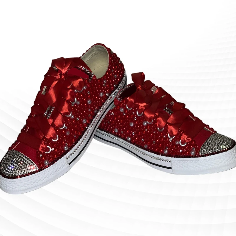 Red ribbon stitching pearl low-top street canvas shoes comfortable walking shoes handmade pearl neutral vulcanized shoes 35-46
Red ribbon stitching pearl low-top street canvas shoes comfortable walking shoes handmade pearl neutral vulcanized shoes 35-46