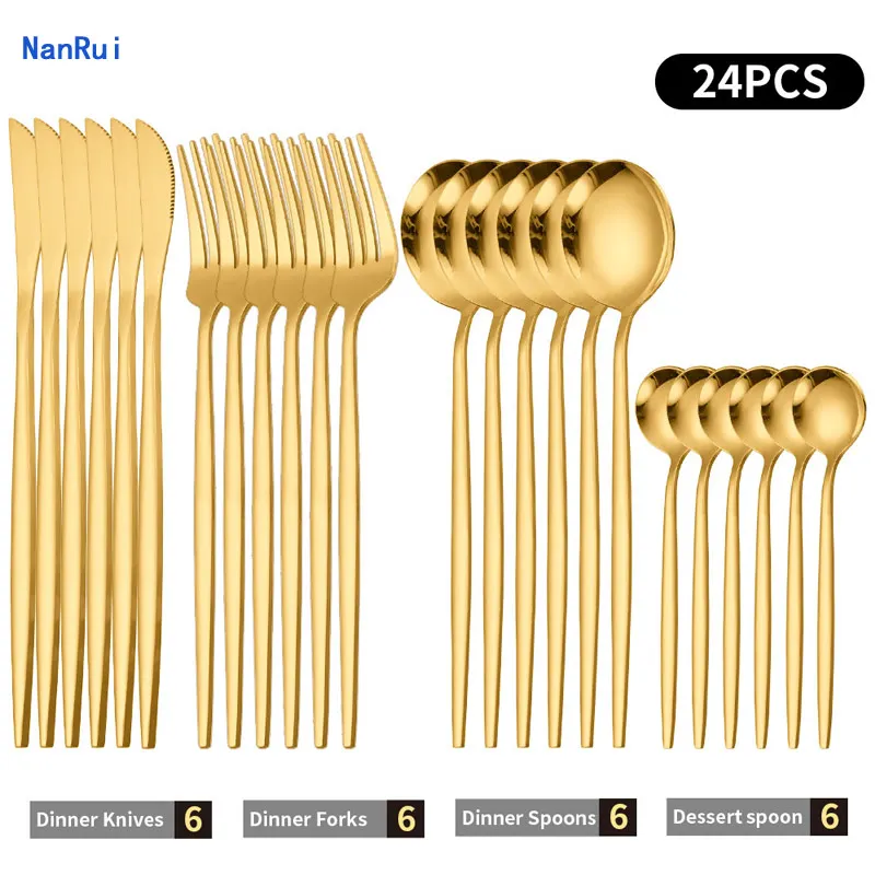 24Pcs/Set Stainless Steel Dinner Black Gold Dinnerware Set Knife Fork Coffee Spoon Cutlery Set Kitchen Tableware Silverware Sets
24Pcs/Set Stainless Steel Dinner Black Gold Dinnerware Set Knife Fork Coffee Spoon Cutlery Set Kitchen Tableware Silverware Sets