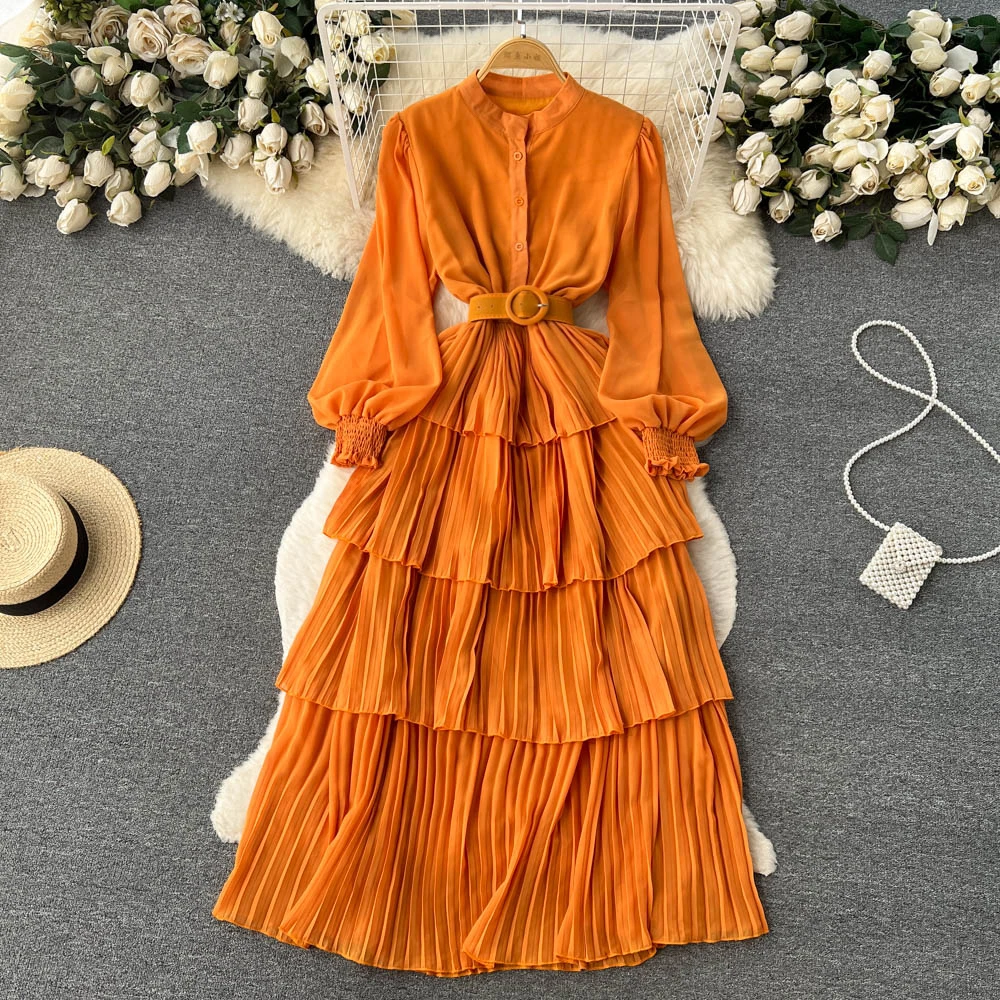 Summer Elegant Maxi Dress for Women Pleated Folds Tierred Long Sleeve Female Tarf Luxury Dresses Stand Collar Belt Vestidos New
Summer Elegant Maxi Dress for Women Pleated Folds Tierred Long Sleeve Female Tarf Luxury Dresses Stand Collar Belt Vestidos New