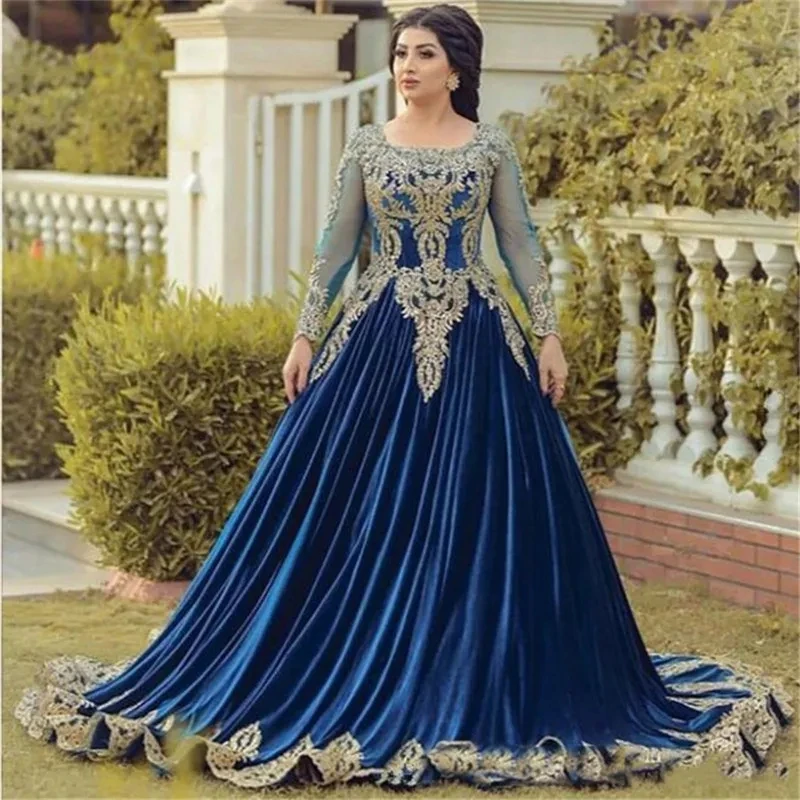 

Flora Dress Elegant Blue Satin Muslim A Line Evening Dress O-Neck Applique Long Sleeves Arabic Pleated Prom Party Gown 2023