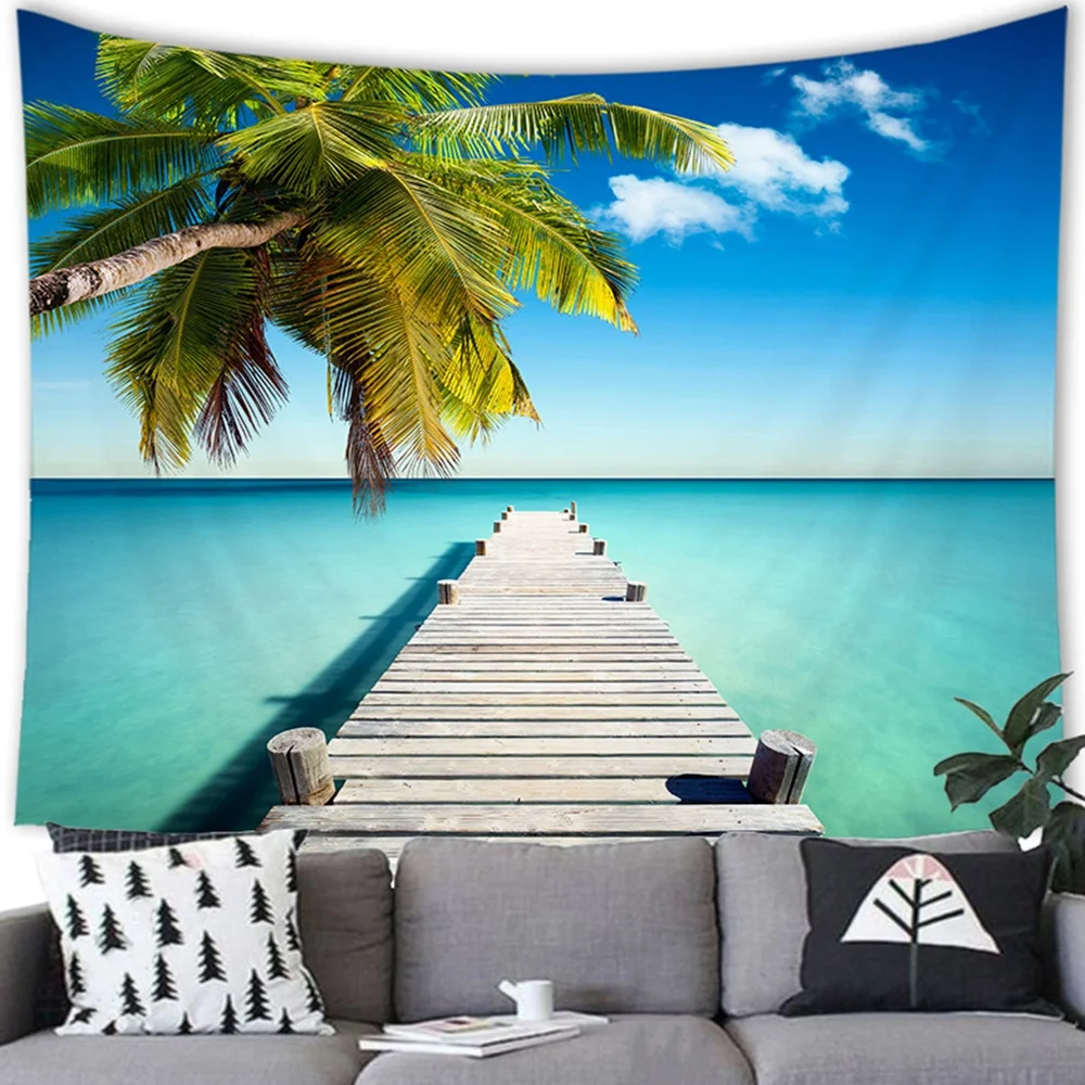 

Tropical Plant Seascape Tapestry Hippie Coconut Tree Bule Sky Ocean Background Tapestries Bedroom Living Room Decor Wall Hanging