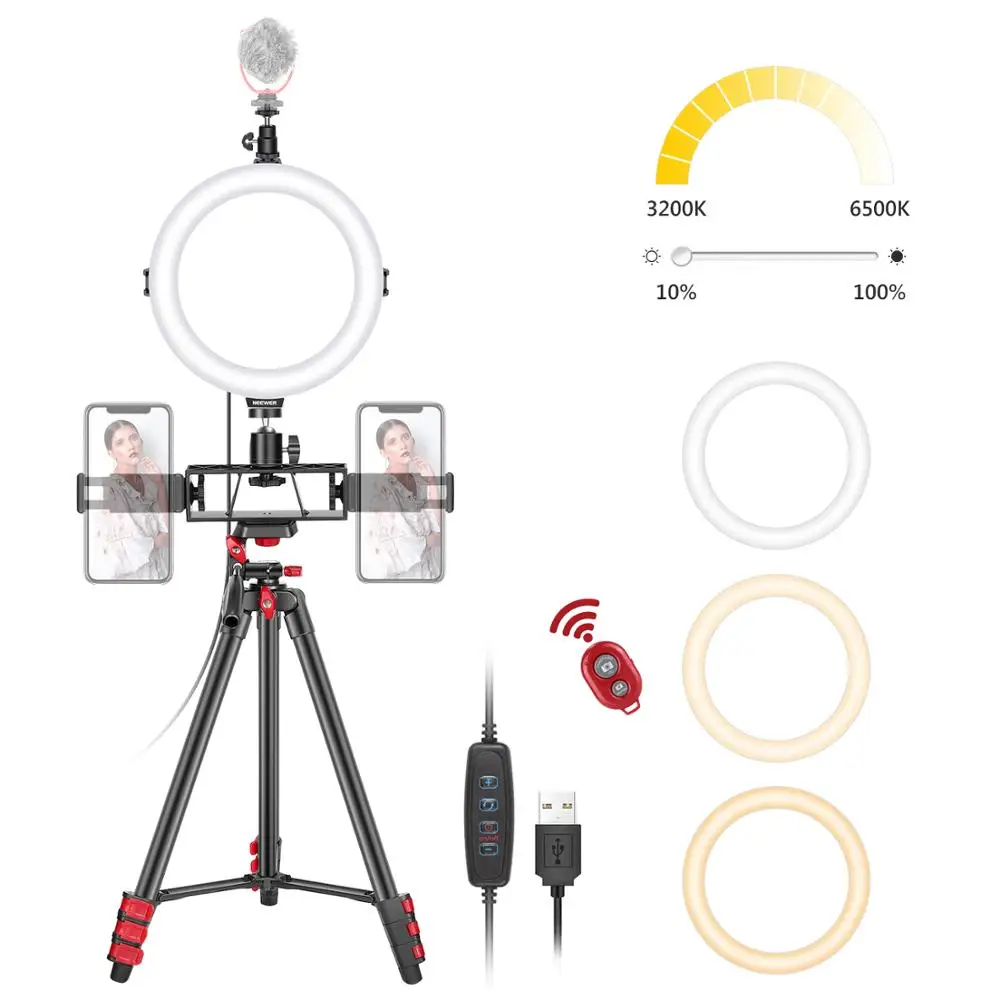 Neewer 8-Inch Selfie Ring Light With Tripod Stand, 3 Cold Shoes, 2 Phone Holders, LED Ring Light With Remote Kit: 3 Mode Lights
Neewer 8-Inch Selfie Ring Light With Tripod Stand, 3 Cold Shoes, 2 Phone Holders, LED Ring Light With Remote Kit: 3 Mode Lights