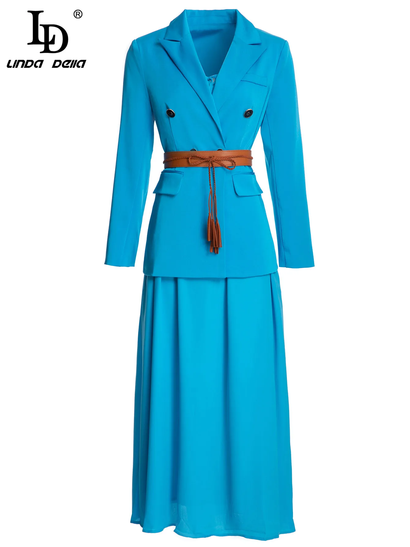 LD LINDA DELLA Autumn Runway Fashion Set Women's Long Sleeve Belted Double breasted Jacket and Blue Dress Two Pieces Suit
LD LINDA DELLA Autumn Runway Fashion Set Women's Long Sleeve Belted Double breasted Jacket and Blue Dress Two Pieces Suit