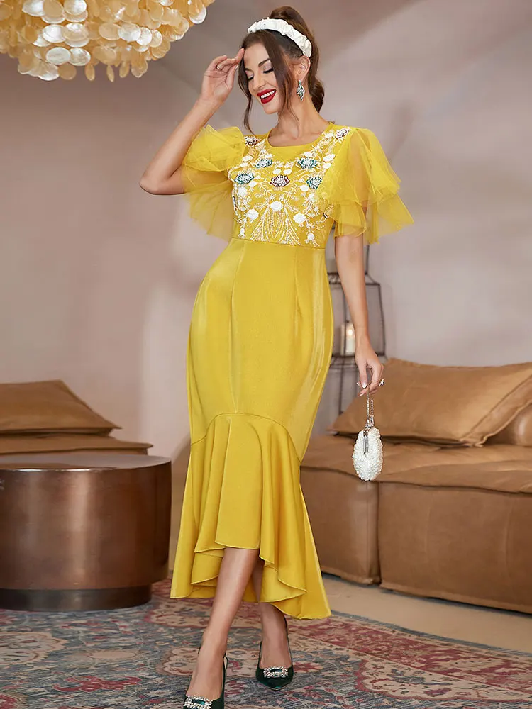 

Eid Tulle Party Dress Abaya Mermaid Hem Arabian Long Dress Muslim Moroccan Evening Kaftan Dubai Saudi Gulf Gown Jalabiya Yellow