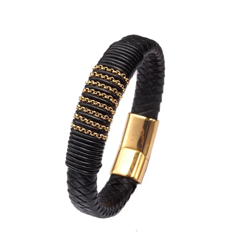 New Fashion Genuine Leather Men Boys Sporty Charm Bracelets Punk Handmade Stainless Steel Gold Chain Link Cuff Bracelets
New Fashion Genuine Leather Men Boys Sporty Charm Bracelets Punk Handmade Stainless Steel Gold Chain Link Cuff Bracelets