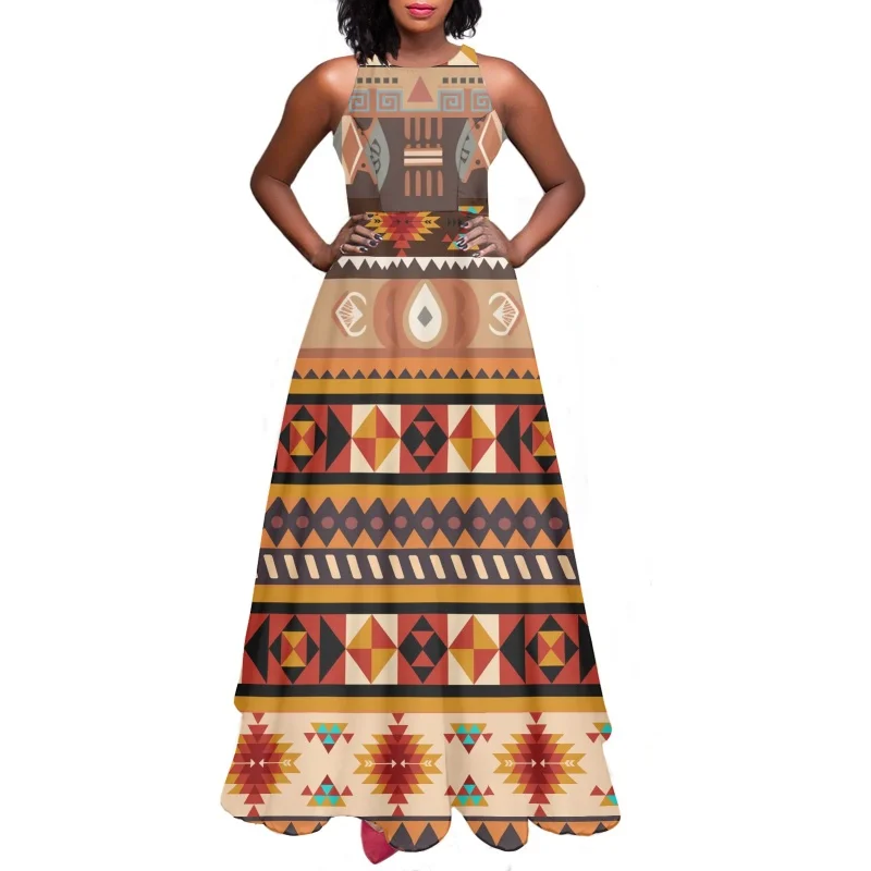 

Summer Tribal Design Strap Dress for Women Elegant Ladies Vestido Feminino Streetwear Sleeveless Female Long Flare Camis Dresses