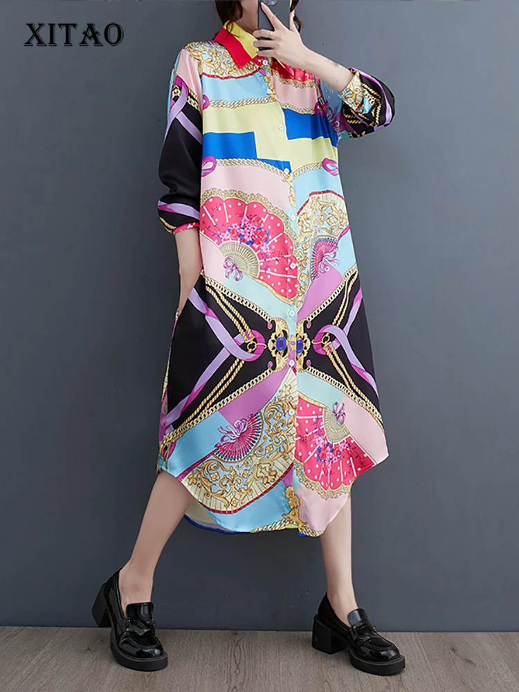 

XITAO Платье с принтом, свободное платье-рубашка с отложным воротником, однобортное осеннее Новое поступление, повседневное модное женское платье с длинным рукавом DMJ2062