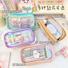 Pink Rabbit Bear Pencil Cases Net PVC Transparent Pen Bag Eraser Pouch School Stationery Holder PU Ruler Storage Gift Box Ins DE