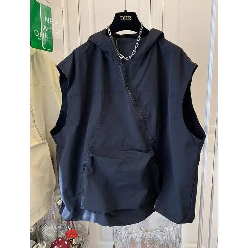 

Oversized Hooded Vest Coats Women Fashion Diagonal Zipper Sleeveless Hoodies Casual Loose Waistcoat Spring Summer Vests Jacket