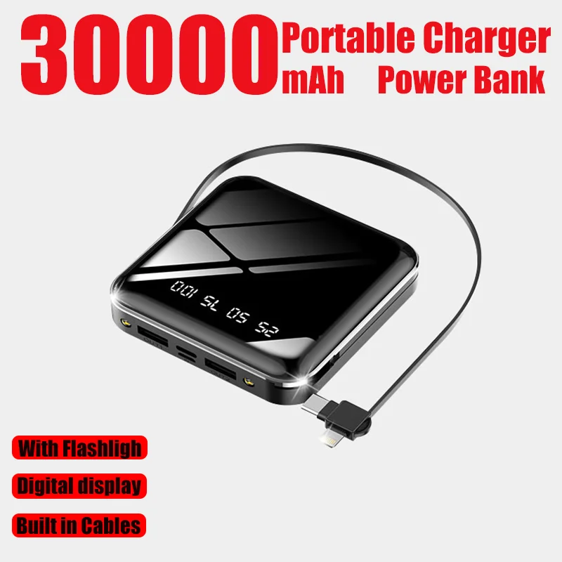 Mini Power Bank 30000mAh Portable Charger Built in Cables Digital Display External Battery Pack with Flashlight for iPhone MI 
Mini Power Bank 30000mAh Portable Charger Built in Cables Digital Display External Battery Pack with Flashlight for iPhone MI