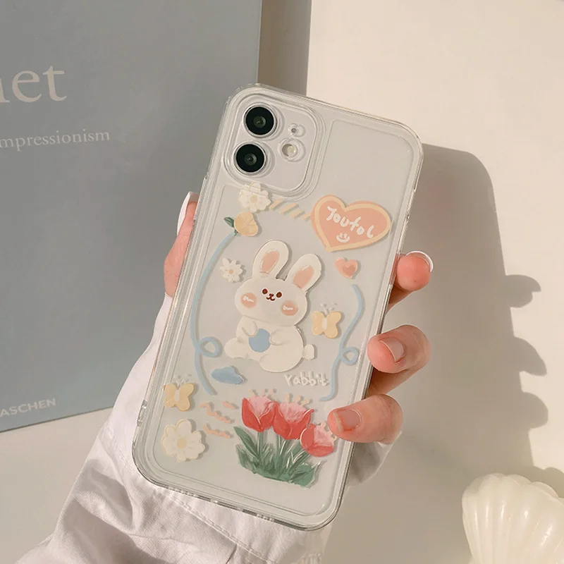 

Чехол для телефона в стиле ретро с милыми кроликами и цветами в японском стиле для iPhone 13, 11, 12 Pro, Xs, Max, XR, X, 7, 8 Plus, 7Plus, прозрачный чехол