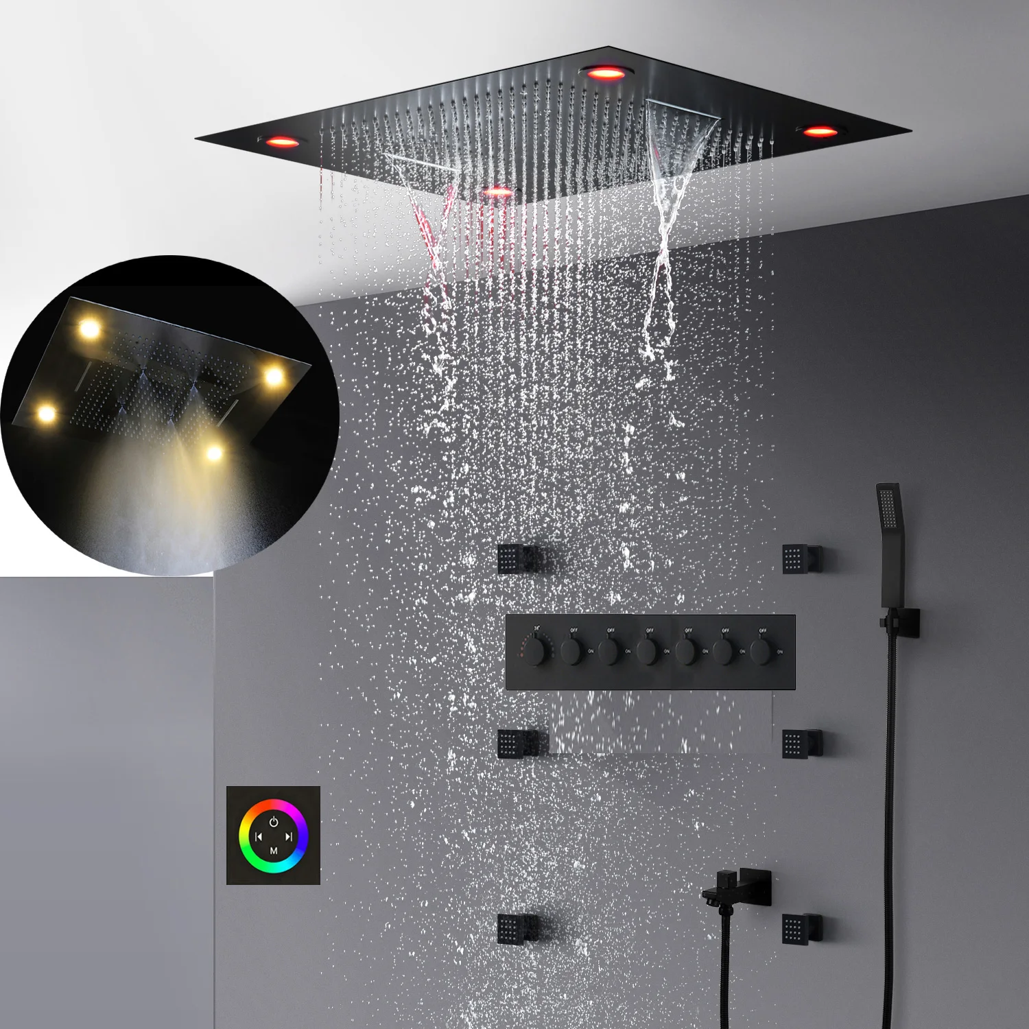 

hm 2023 High Quality Luxury Ceilling LED Shower Set Waterfall Massage Rainfall Showerhead System Thermostatic Mixer Black Faucet