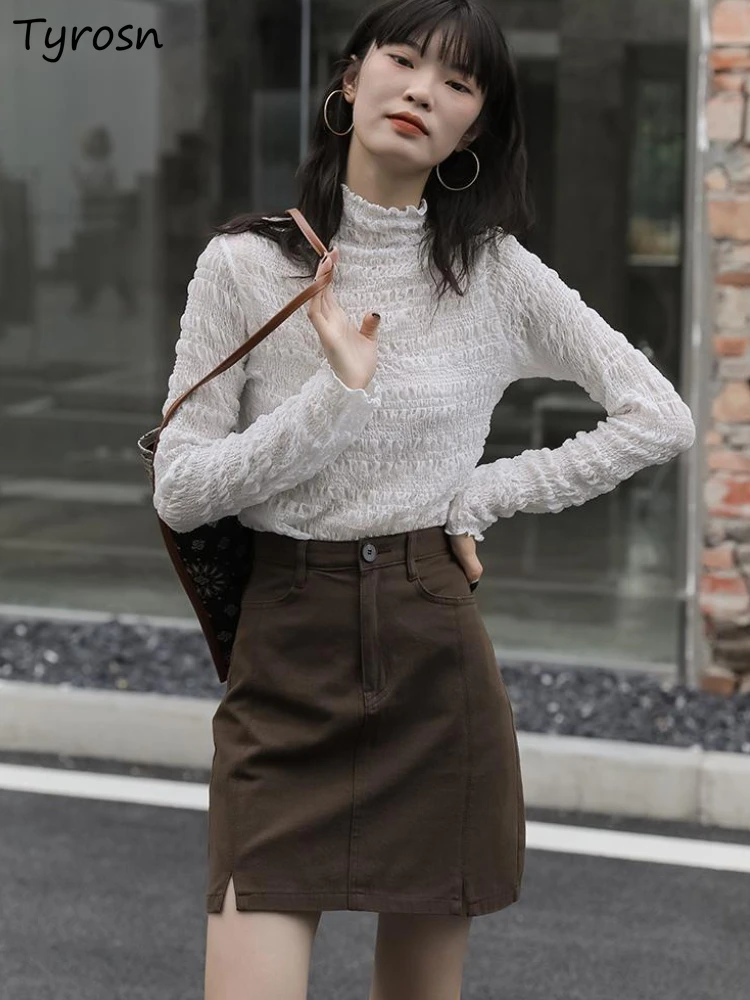 Folds T-shirts Women Minimalist Slim Pure Inside Elegant Chic All-match Ulzzang Turtleneck Spring Sweet Ladies Creativity Casual
Folds T-shirts Women Minimalist Slim Pure Inside Elegant Chic All-match Ulzzang Turtleneck Spring Sweet Ladies Creativity Casual