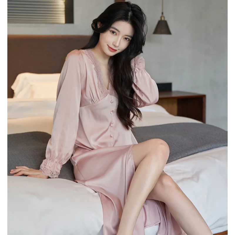 Spring and summer long-sleeved nightdress women's palace style pajamas sweet solid color fairy retro lace long home service
Spring and summer long-sleeved nightdress women's palace style pajamas sweet solid color fairy retro lace long home service