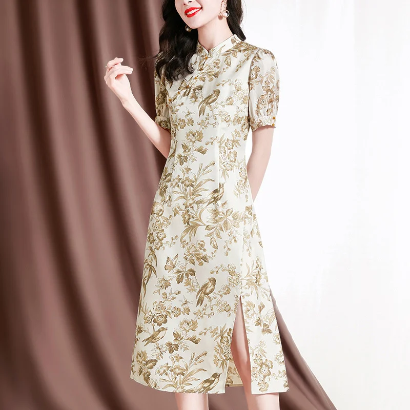 Женское шелковое платье, Ципао с коротким рукавом и принтом, для весны и лета, 2023
Женское шелковое платье, Ципао с коротким рукавом и принтом, для весны и лета, 2023