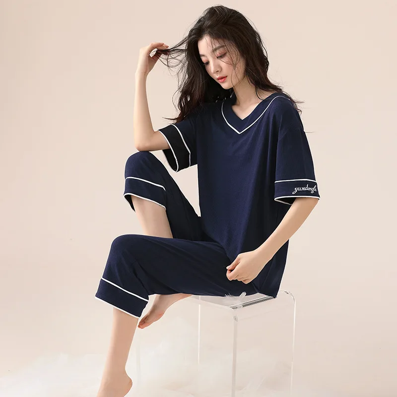 Пижама женская летняя из чистого хлопка, тонкая Капри с коротким рукавом, кондиционер, повседневная домашняя одежда
Пижама женская летняя из чистого хлопка, тонкая Капри с коротким рукавом, кондиционер, повседневная домашняя одежда