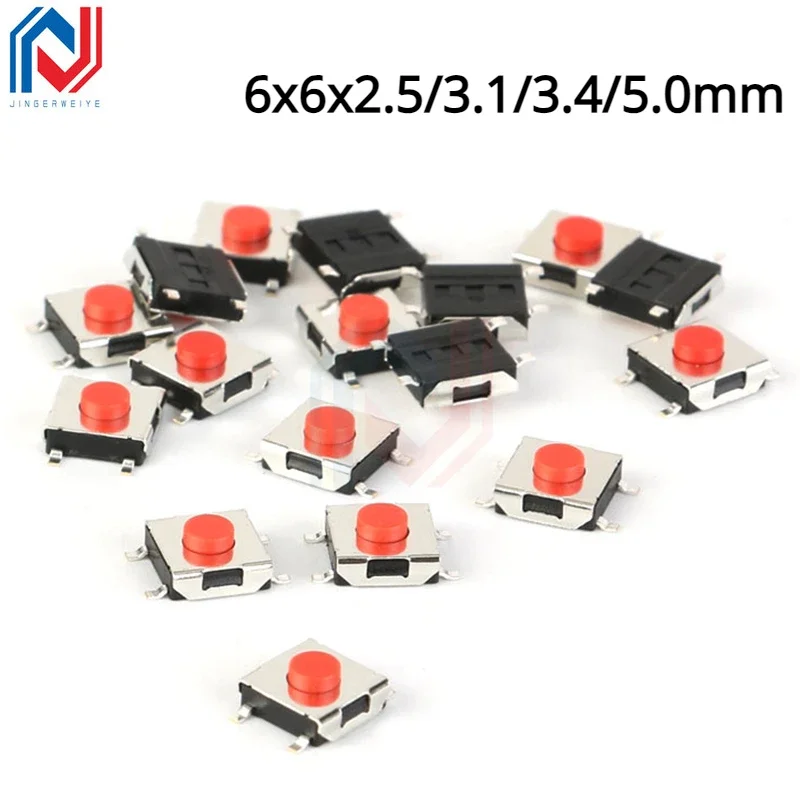 

20PCS/LOT 6*6*2.5mm 3.1mm 3.4mm 5mm SMD Switch 4 Pin Touch Micro Switch Push Button Switches Red SMD Tact Switch 6x6x3.1mm