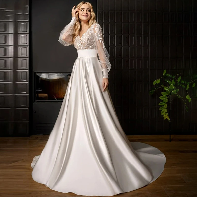 Elegant Satin V-Neck Lace Wedding Dress A-Line 2022 Elegant Long Sleeve Appliques Bridal Gown Backless Button Vestido De Noiva
Elegant Satin V-Neck Lace Wedding Dress A-Line 2022 Elegant Long Sleeve Appliques Bridal Gown Backless Button Vestido De Noiva