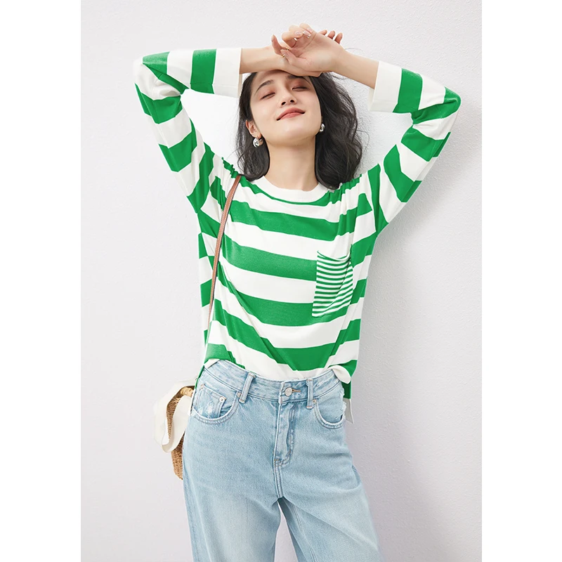 Striped Women T Shirt Loose Casual Cotton Silk Acrylic Lyocell Pockets Tops Tees Spring/Summer O-Neck Long Sleeve
Striped Women T Shirt Loose Casual Cotton Silk Acrylic Lyocell Pockets Tops Tees Spring/Summer O-Neck Long Sleeve