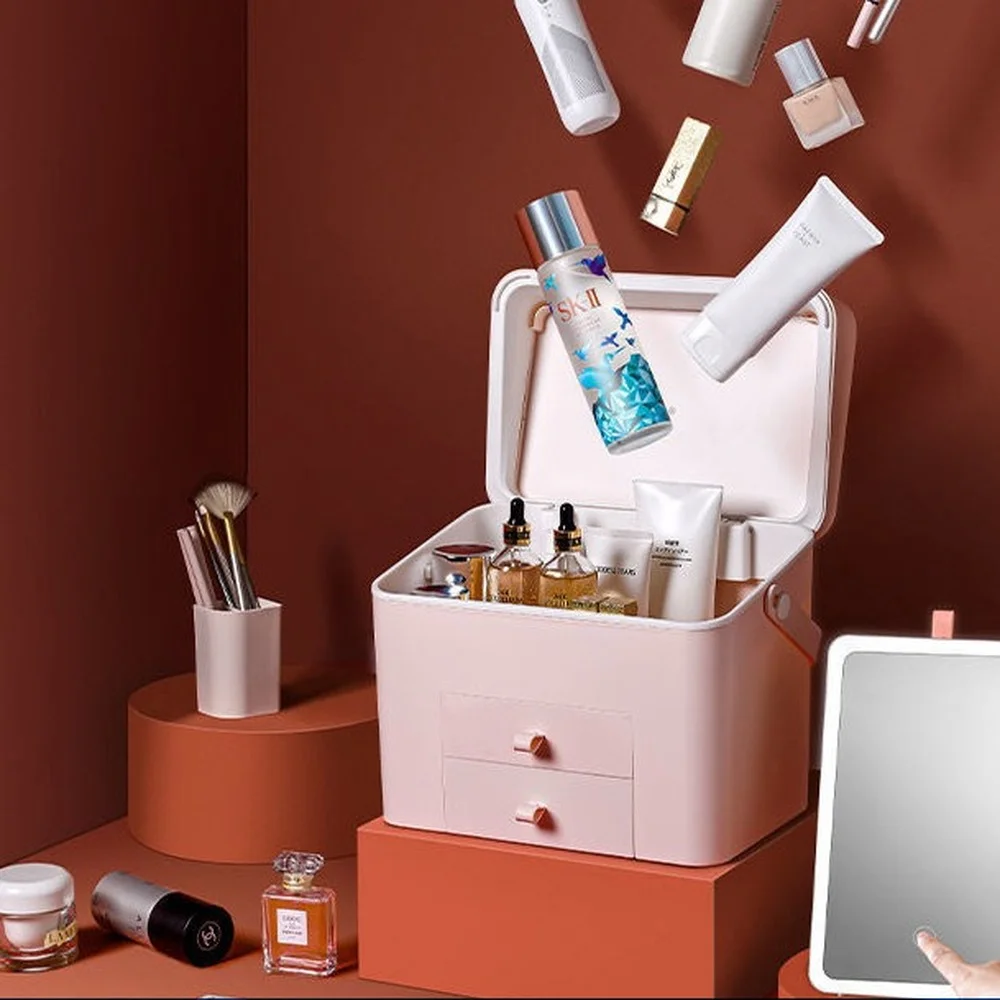 Cosmetic Storage Box, Portable Desktop Family and LED Lamp Cover Dust-proof Mirror Makeup Box Storage Organizers
Cosmetic Storage Box, Portable Desktop Family and LED Lamp Cover Dust-proof Mirror Makeup Box Storage Organizers