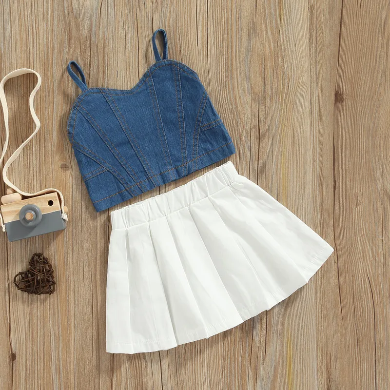 Kid Children Girls Skirt Sets Stylish 2Pcs Summer Clothes 2023 Sling Sleeveless Denim Tank Tops with Pleated Short Skirts
Kid Children Girls Skirt Sets Stylish 2Pcs Summer Clothes 2023 Sling Sleeveless Denim Tank Tops with Pleated Short Skirts