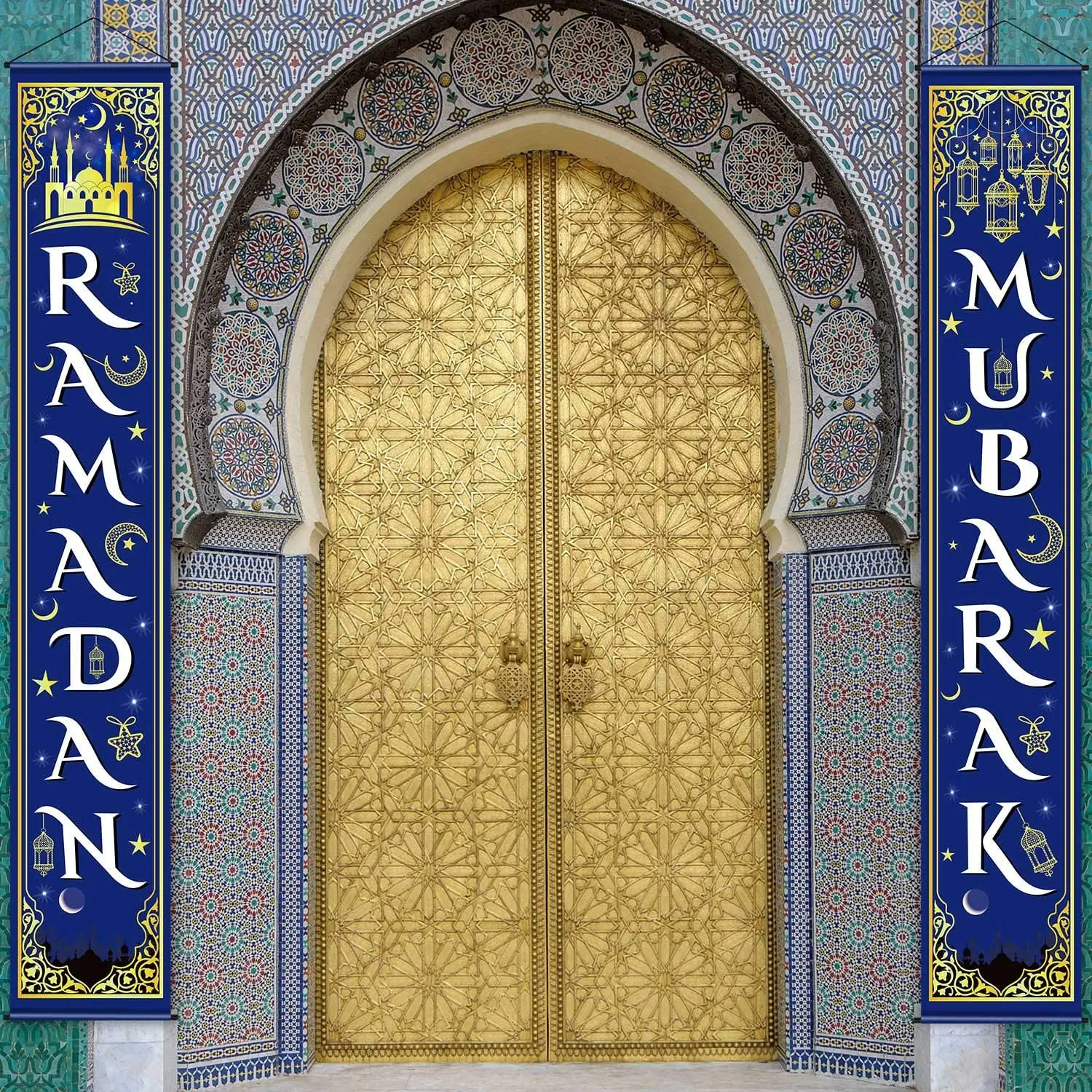 Decoration Set Eid Mubarak Porch Sign Ramadan Banner Hanging Decoration for Decoration Eid Al-fitr Party (Blue White)
Decoration Set Eid Mubarak Porch Sign Ramadan Banner Hanging Decoration for Decoration Eid Al-fitr Party (Blue White)