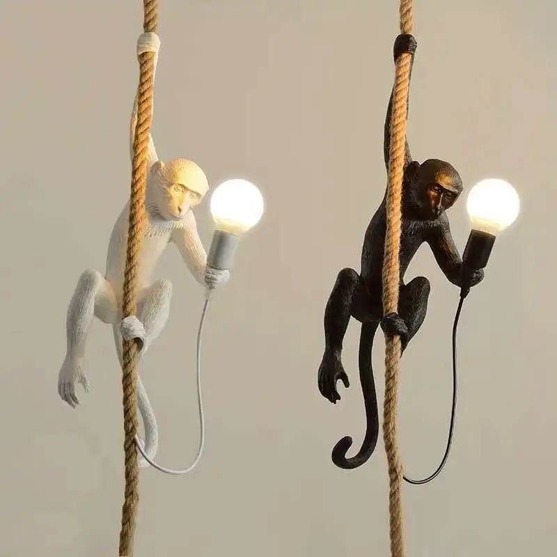

Nordic Monkey Pendant Lamp Clothing Store Lamp Retro Industrial Restaurant Bar Animal Decoration Resin Hemp Rope Droplight