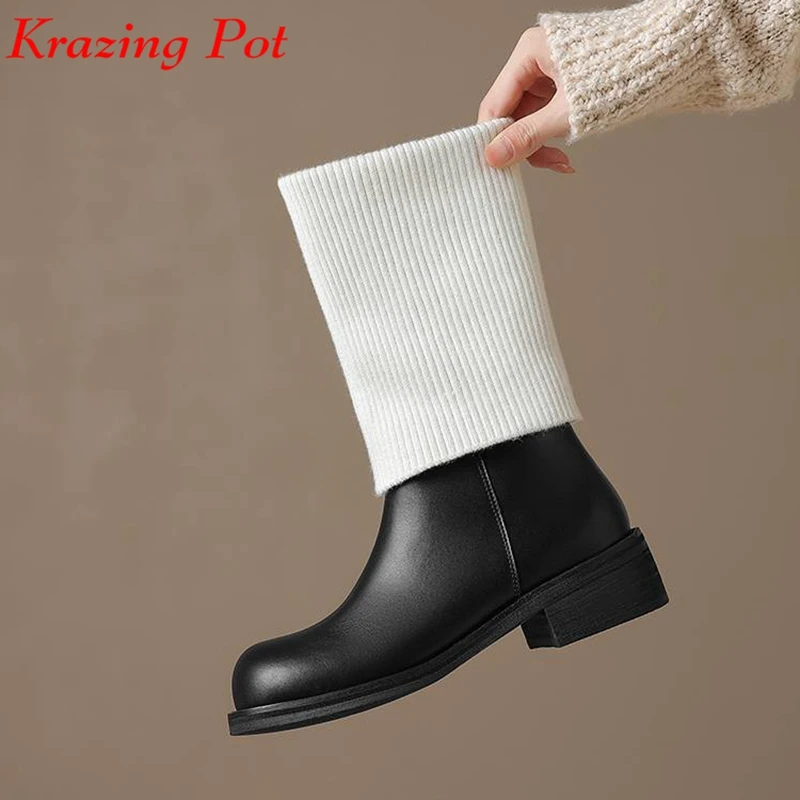 Krazing Pot Natural New Cow Leather Round Toe Med Heels Equestrian Boots Winter Mixed Color High Street Fashion Mid Calf Boots
Krazing Pot Natural New Cow Leather Round Toe Med Heels Equestrian Boots Winter Mixed Color High Street Fashion Mid Calf Boots