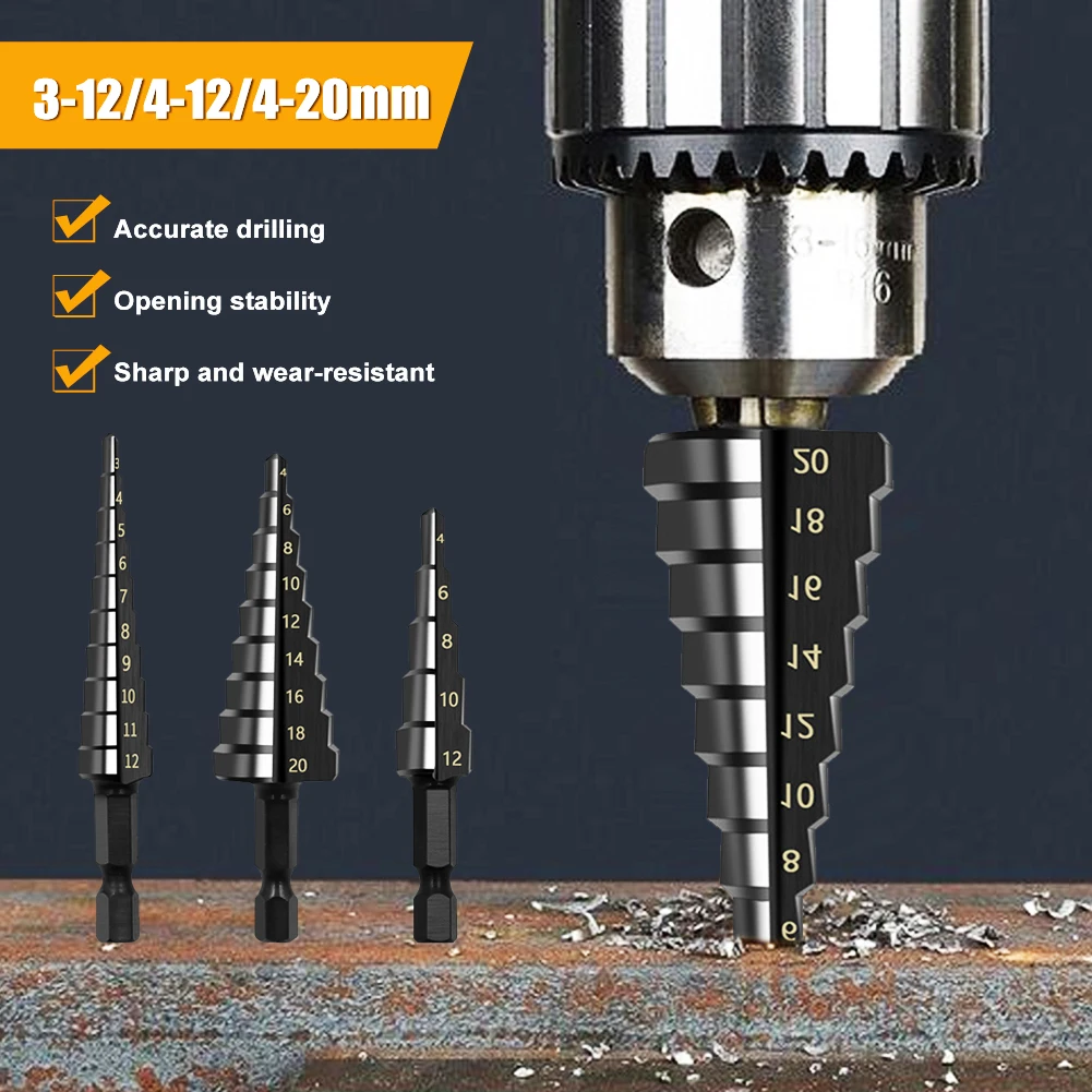3Pcs 3-12mm 4-12mm 4-20mm Straight Groove Step Drill Bit Set High Speed Wood Metal Hole Cutter Core Titanium HSS Drilling Tools
3Pcs 3-12mm 4-12mm 4-20mm Straight Groove Step Drill Bit Set High Speed Wood Metal Hole Cutter Core Titanium HSS Drilling Tools