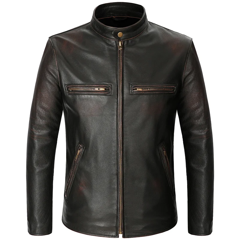 

Мужская мотоциклетная куртка, черная приталенная куртка из натуральной воловьей кожи в винтажном стиле, модель 6XL на весну и осень