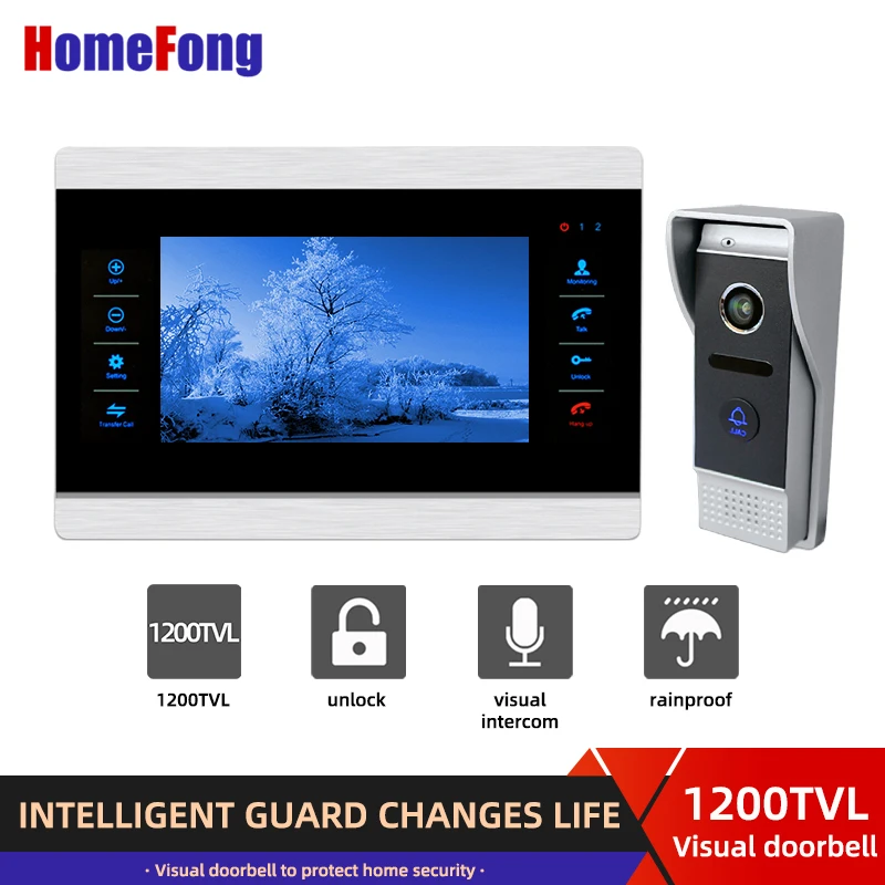 

HomeFong Intercom Video Door Phone with Motion Detection 7 Inch Monitor Recorder System IP65 Rainproof 1200TVL Doorbell