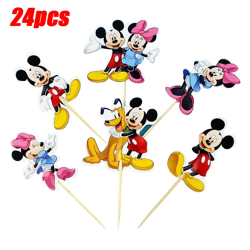 

24pcs/lot DISNEY Mickey Minnie Mouse Cupcake Toppers Pick Kids Birthday Party Supplies Wedding Cake Decorations Flags Toppers
