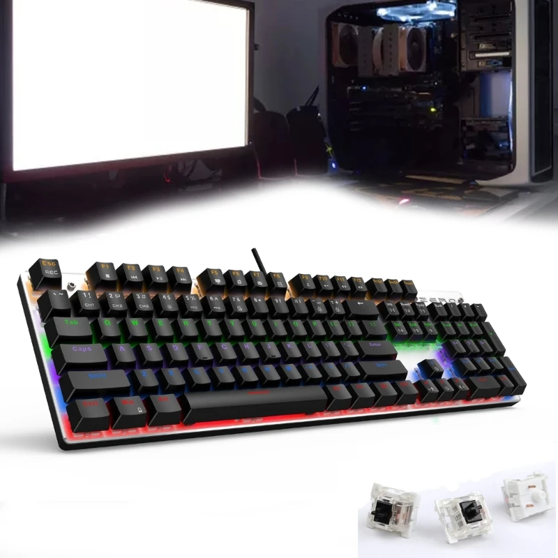 Игровая клавиатура с RGB подсветкой, механическая клавиатура с синей/черной/красной осью, проводная USB клавиатура с 104 кнопками для игровых клавиатур H8WD 
Игровая клавиатура с RGB подсветкой, механическая клавиатура с синей/черной/красной осью, проводная USB клавиатура с 104 кнопками для игровых клавиатур H8WD
