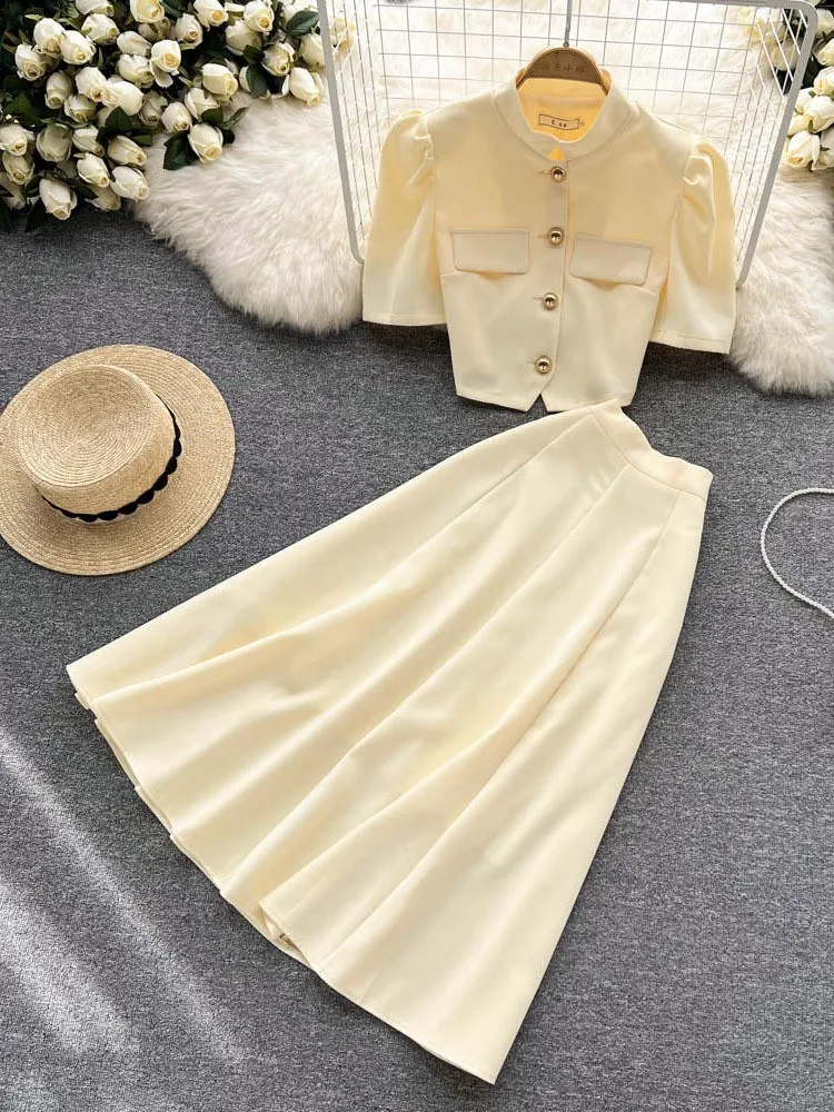 2022 New Spring Summer Fashion Skirt Suit For Women's Single Breasted Short Sleeve Top & Midi Skirt Office Lady Skirt Suit
2022 New Spring Summer Fashion Skirt Suit For Women's Single Breasted Short Sleeve Top & Midi Skirt Office Lady Skirt Suit