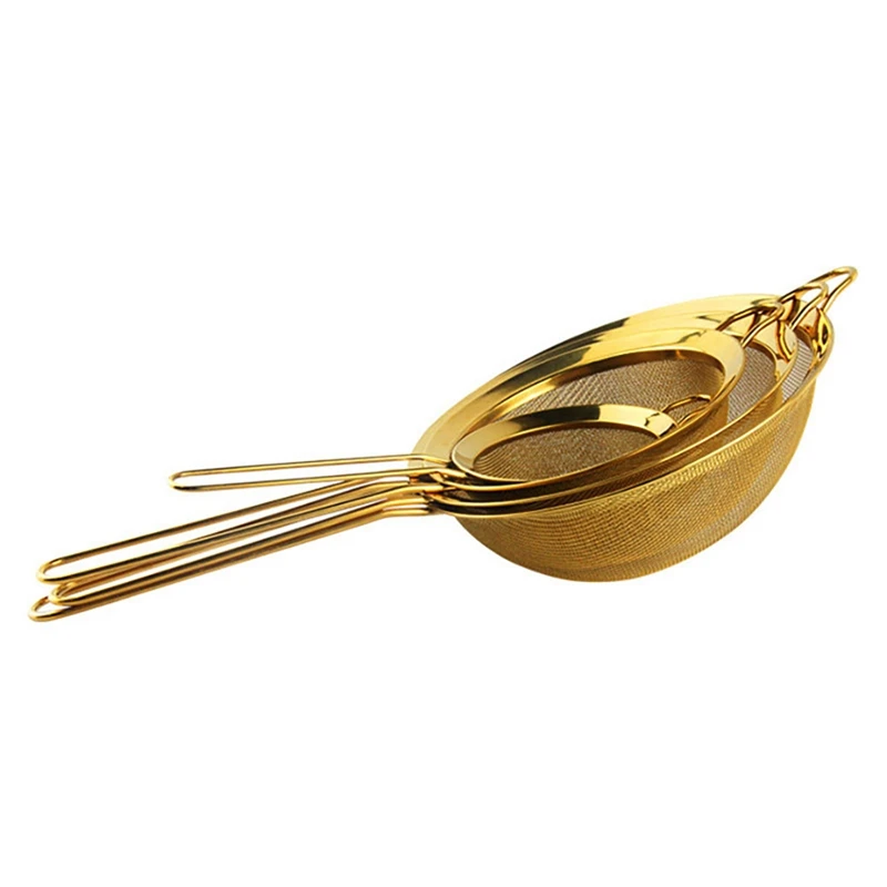 Gold Fine Mesh Strainer 4 Pieces Set Flour Sifter For Baking Stainless Steel Strainer Gravy Separator Pasta Strainers
Gold Fine Mesh Strainer 4 Pieces Set Flour Sifter For Baking Stainless Steel Strainer Gravy Separator Pasta Strainers