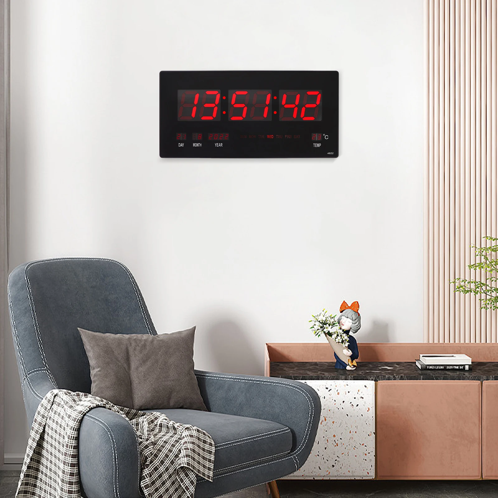 18.5 Inch Large Red Oversized LED Clock with Indoor Temperature, Calendar Display with Date and Day of Week, Mounted Electric
18.5 Inch Large Red Oversized LED Clock with Indoor Temperature, Calendar Display with Date and Day of Week, Mounted Electric