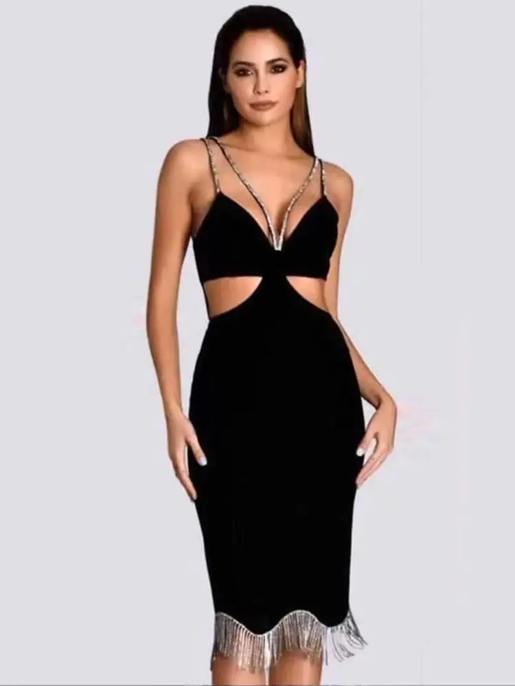 2023 New Bandage Dress Women Black Double Layer Diamonds Straps Cut Out Curved Hem Diamonds Tassel Evening Club Party Dresses
2023 New Bandage Dress Women Black Double Layer Diamonds Straps Cut Out Curved Hem Diamonds Tassel Evening Club Party Dresses