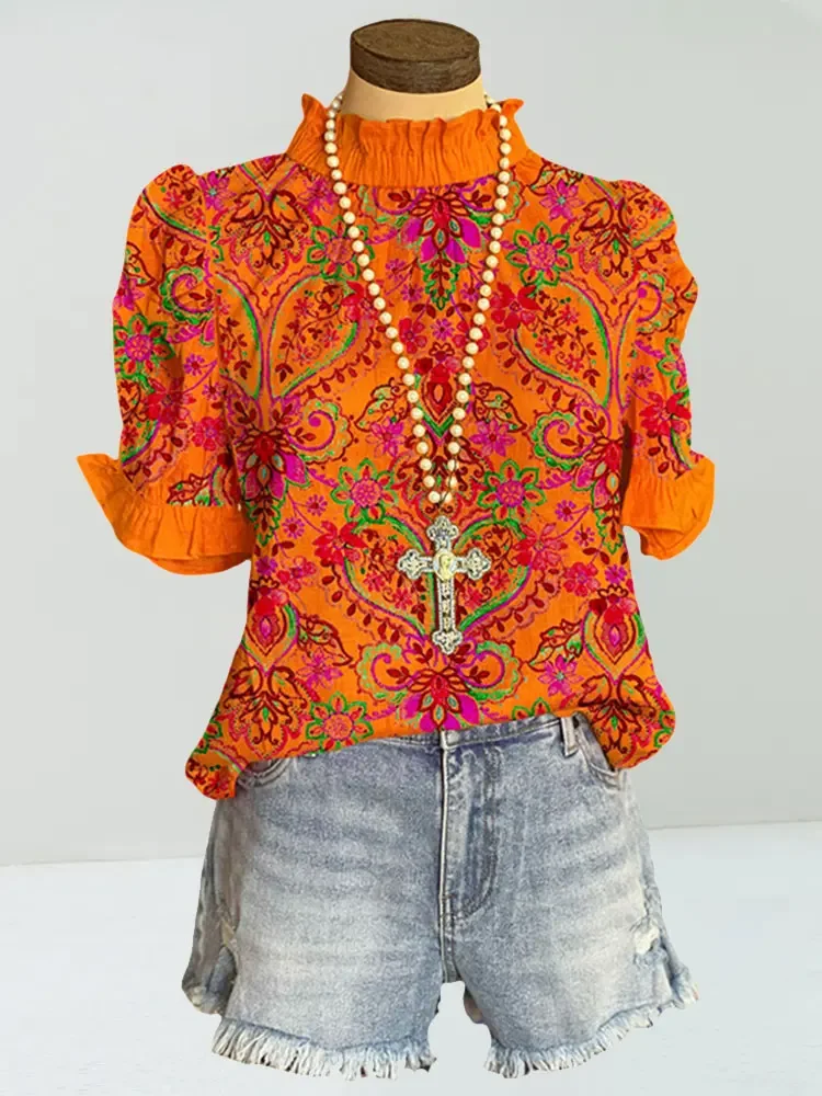 Women's Elegant Mandala Top Vintage Floral Graphic Pullovers Puff Sleeve Paneled Graphic Short Sleeve Streetwear Ethnic Apparel
Women's Elegant Mandala Top Vintage Floral Graphic Pullovers Puff Sleeve Paneled Graphic Short Sleeve Streetwear Ethnic Apparel