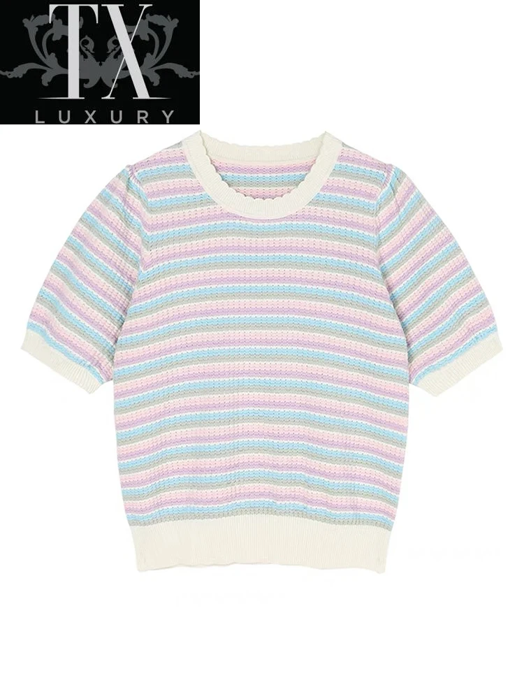 Summer Women Striped T-shirt Korean Fashion Casual Sweet Cutey Short Puff Sleeve O-Neck Slim Harajuku Knit Clothes Female 
Summer Women Striped T-shirt Korean Fashion Casual Sweet Cutey Short Puff Sleeve O-Neck Slim Harajuku Knit Clothes Female
