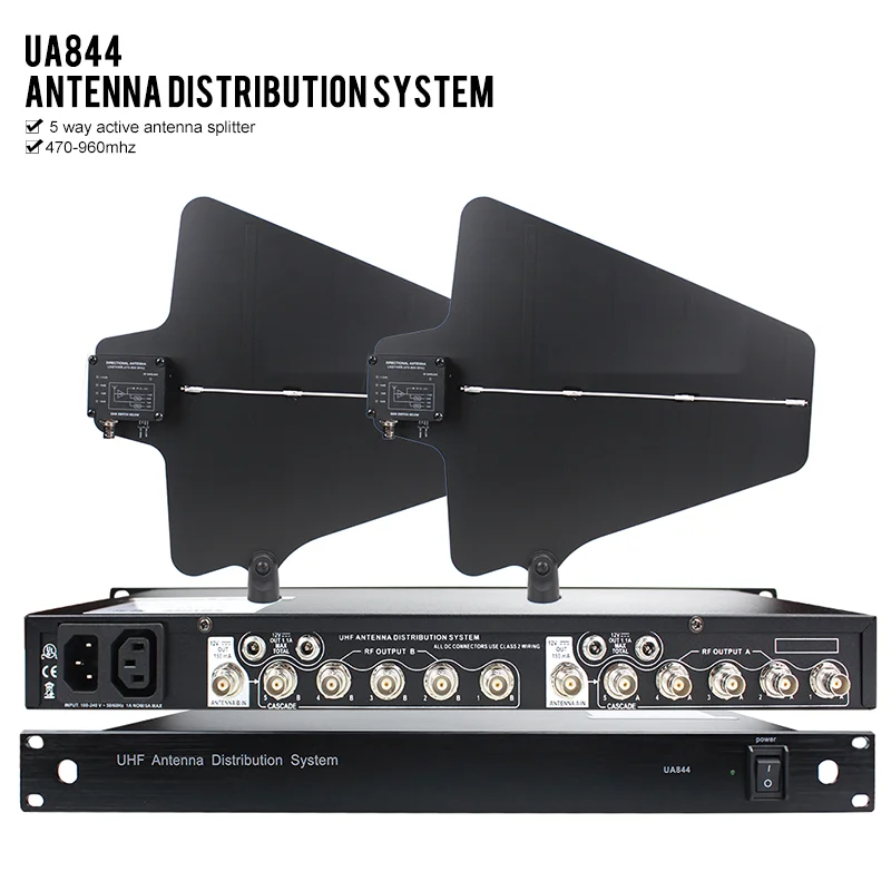 

UA844 UA844+/LC Antenna amplifier 5 Channel Power Distributor System Super Wideband UHF 500-950MHz For SHURE Wireless Microphone