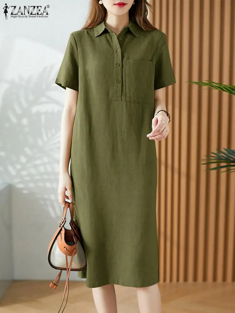 Модное однотонное платье-рубашка ZANZEA 2022 с коротким рукавом, женский сарафан на пуговицах с лацканами, женские платья, праздничные платья ов... 
Модное однотонное платье-рубашка ZANZEA 2022 с коротким рукавом, женский сарафан на пуговицах с лацканами, женские платья, праздничные платья ов...