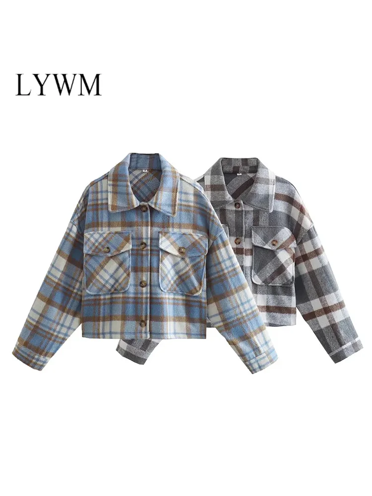 

LYWM Women Fashion Plaid Cropped Jacket Coat Vintage Long Sleeve Single Breasted Female Outerwear Chic Tops