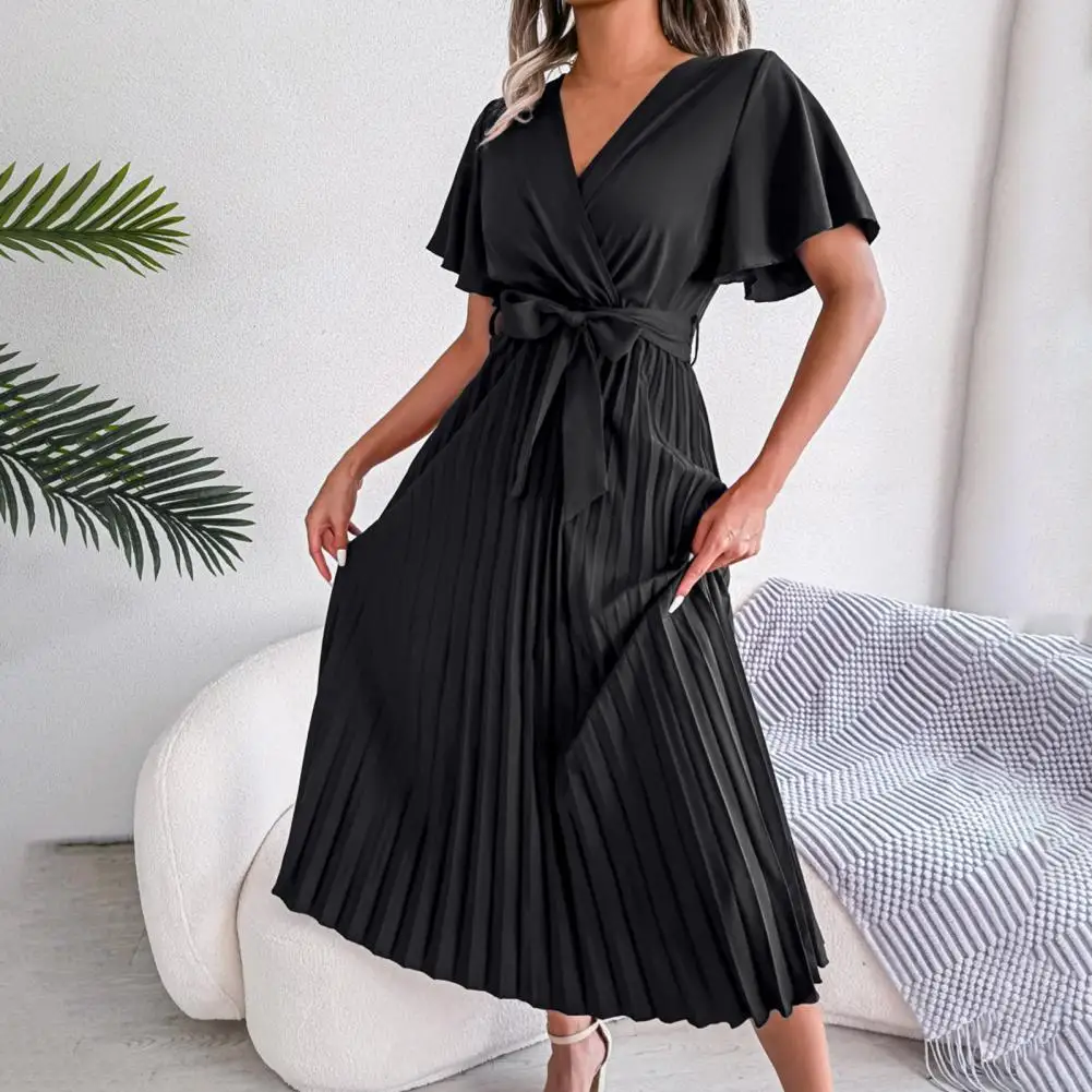Cross Wrap Belt Pleated Large Hem Women Dress Solid Color V-neck Butterflies Sleeve Holiday Dress Classic A-Line Summer Dress
Cross Wrap Belt Pleated Large Hem Women Dress Solid Color V-neck Butterflies Sleeve Holiday Dress Classic A-Line Summer Dress