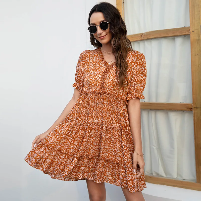 Summer New V-neck Floral Print Lace Elegant Dress Women Puff Short Sleeve Casual Loose Ruffled High Waist Party Vestidos Female
Summer New V-neck Floral Print Lace Elegant Dress Women Puff Short Sleeve Casual Loose Ruffled High Waist Party Vestidos Female
