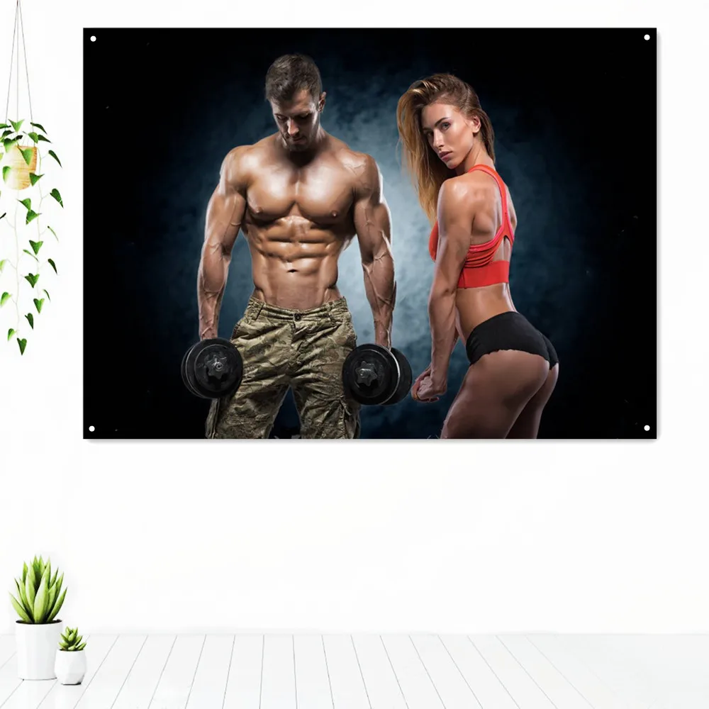 

Fitness Couple Flags Workout Bodybuilding Banners Gym Wall Decor Sign Motivational Poster Wall Art Canvas Painting Stickers A1