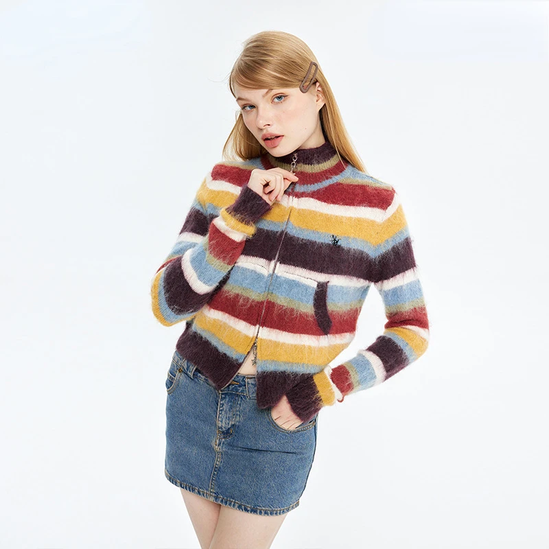 

Женский трикотажный кардиган Hikigawa, модный свитер контрастных цветов в радужную полоску с ложным воротником и молнией, осень Y2k