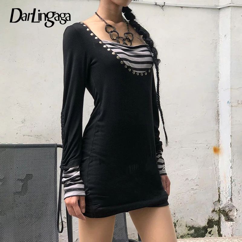 

Darlingaga Harajuku Stripe Patched Long Sleeve Autumn Dress Gothic Dark Rivet Casual Dresses for Women Drawstring Korean Clothes