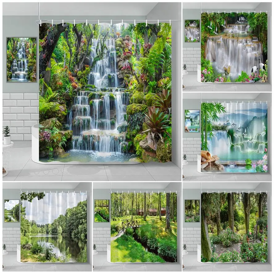 

Forest Waterfall Landscape Shower Curtain Tropical Jungle Plants Green Plants Lotus Nature Scenery Bathroom Decor Bath Curtains