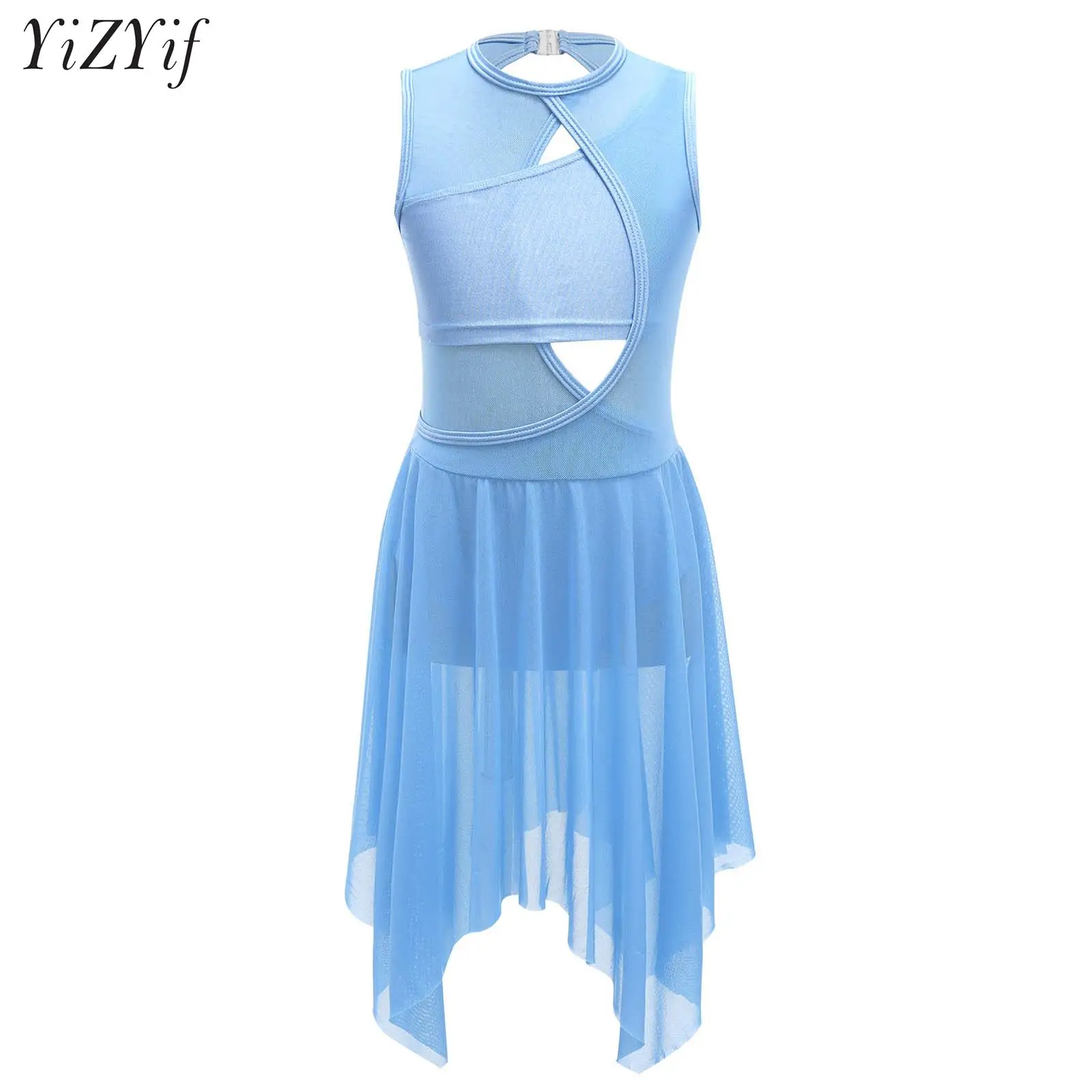 

Kids Girls Sleeveless Backless Flowy Tulle Dress Leotard Lyrical Ballet Dance Ballroom Dancewear Stage Performance Costume