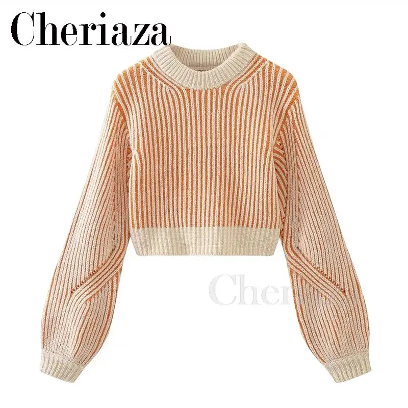 

Cheriaza 2023 Autumn Winter Female New Simplicity Stripe Round Neck Short Sweater Knitwear Jumper Chic Coat Tops Long Sleeved
